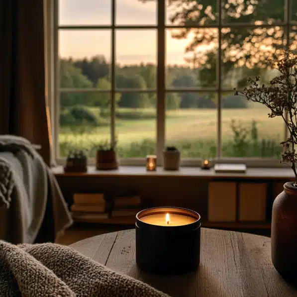 Candle on a cozy coffee table