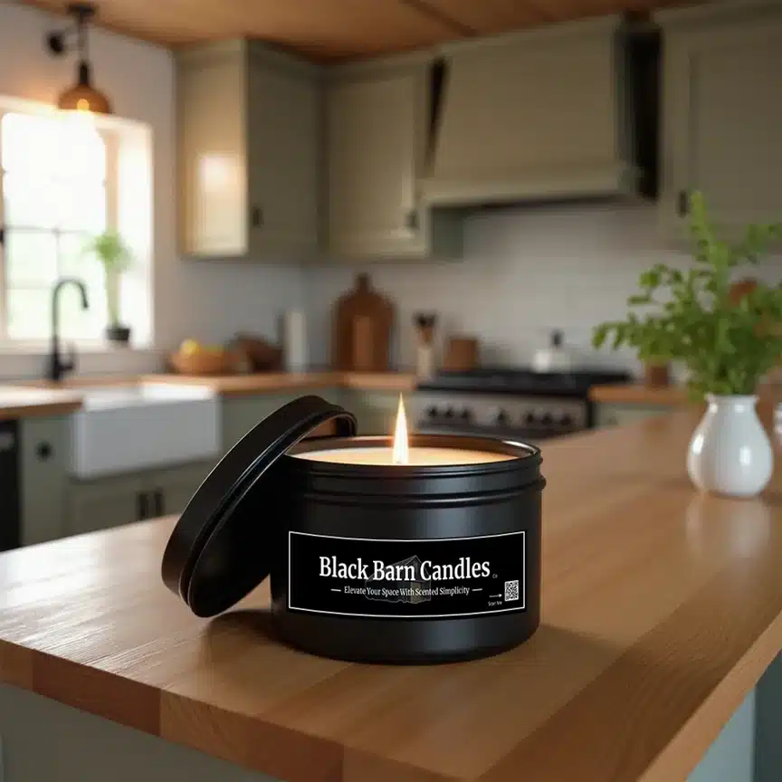 Tin candle on wood counter