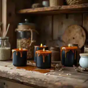 Matte black glass candles overflowing with caramel on a rustic wooden countertop.