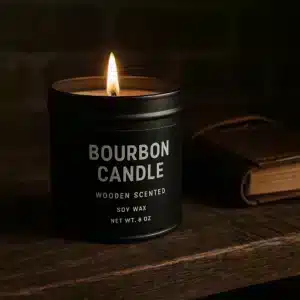 bourbon candles for men in black tins on rustic wood shelf