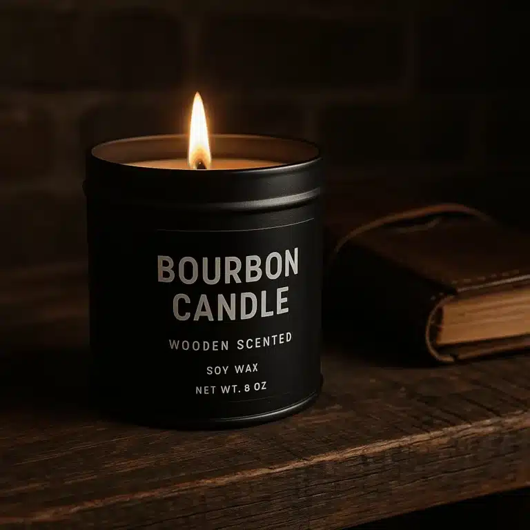 bourbon candles for men in black tins on rustic wood shelf